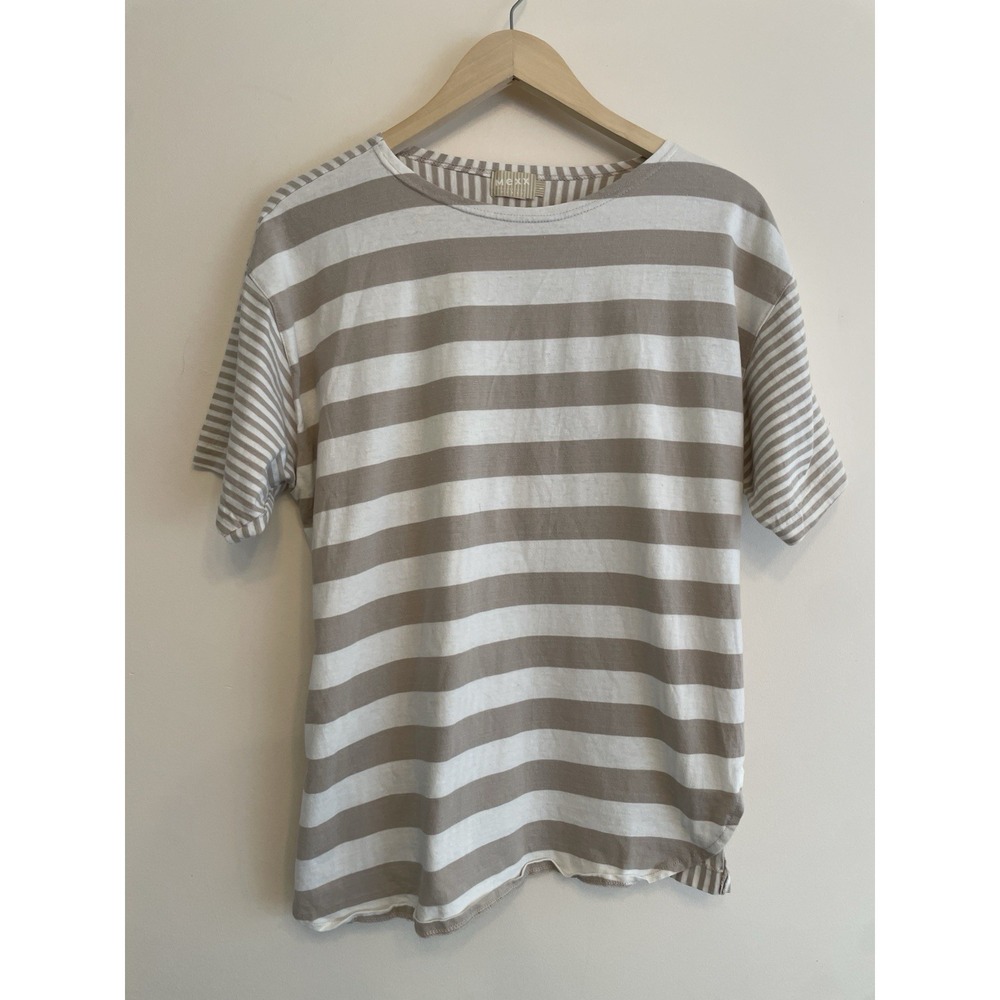 Vintage Mexx Striped T-shirt Women Small Tan White Cotton Side Slit 1990s
